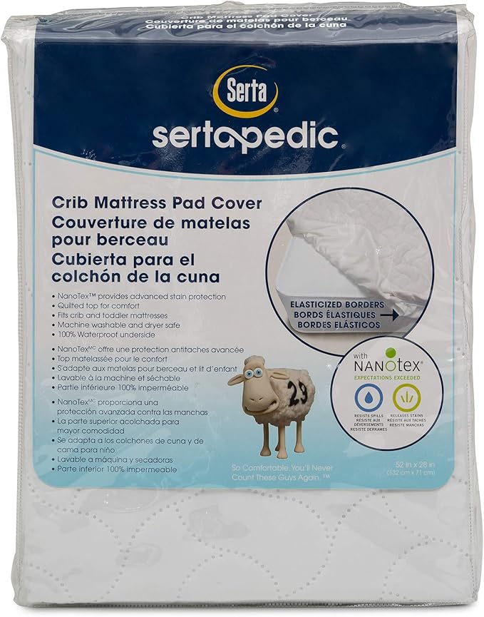 Serta Sertapedic Crib Mattress Protector with Nanotex Stain Repel and Release – Washable and Waterproof Mattress Pad Cover – Essentials for Newborn Baby and Toddler, 52"x 28", White