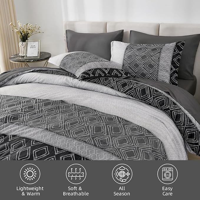 Dinjoy Queen Comforter Set Dark Gray Boho,Soft 7 Piece Bed in a Bag Queen Size Black Bedding Sets Striped Comforters with Plaid Bed Set with Sheets for Men Fall Winter