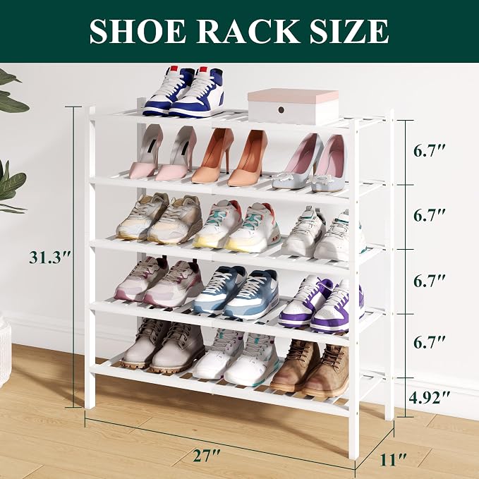Smiry Bamboo Shoe Rack for Closet, 5 Tier Wooden Stackable Shoe Organizer, Free Standing Shoes Storage Shelf for Entryway, Front Door Entrance, White - Image 2