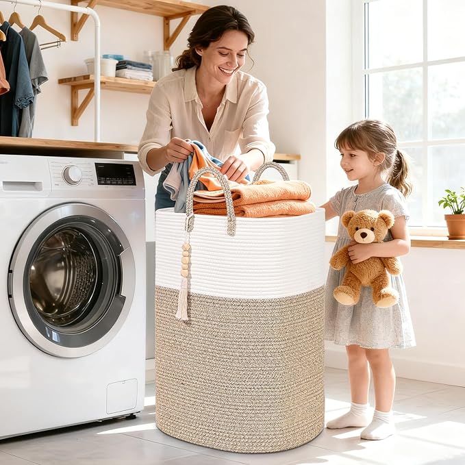 Woven Laundry Basket for Clothes, 50L Large Rectangle Laundry Hampers with Beads Tassel, Nursery Storage Basket for Toys, Tall Dirty Clothes Hamper for Bedroom Aesthetic, Laundry Room Organization - Image 2
