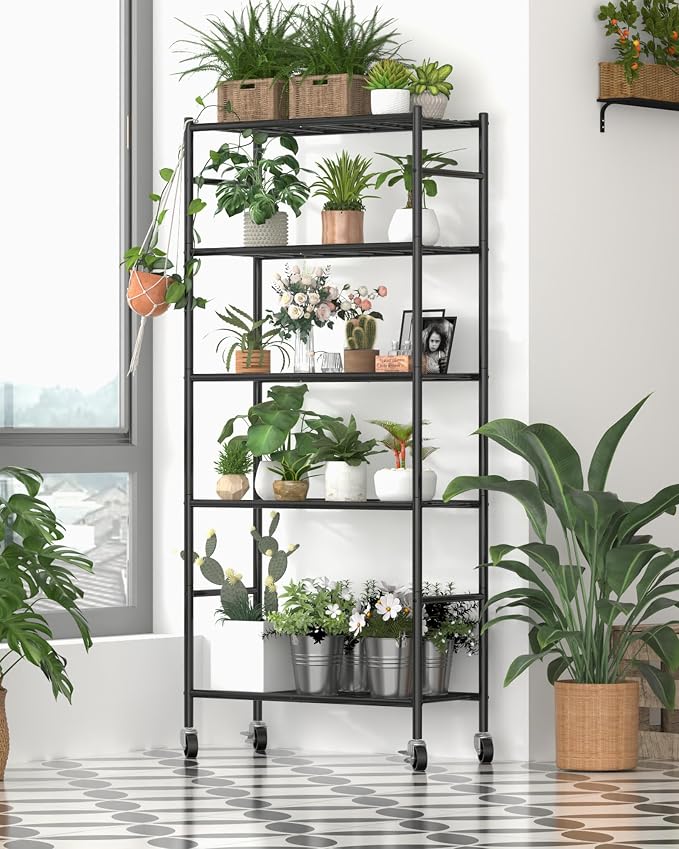 Sakugi Storage Shelves Organizer - 5 Tier Metal Shelf Organizer with Metal Wheels and Adjustable Leveling Feet, Heavy Duty Garage Shelving for Kitchen, Pantry and Closet, 33.1"x12.6"x73.5", Black - Image 2