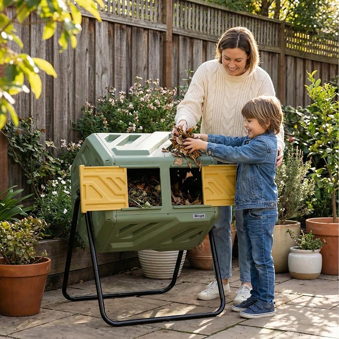 Werph Updated 43 Gallon Dual-Chamber Compost Bin, Fast Assembly Outdoor Compost Tumbler, Rotating Batch Composter Bin with Gloves for Garden, Kitchen, and Yard - Image 8