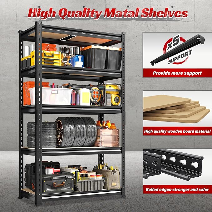 REIBII Set of 2 Storage Shelves 5 Tier Garage Shelving Heavy Duty Metal Shelving 2000LBS Garage Shelves Adjustable Metal Shelf for Kitchen Warehouse Pantry Commercial Use 27.6" Wx11.8 Dx60 H - Image 8
