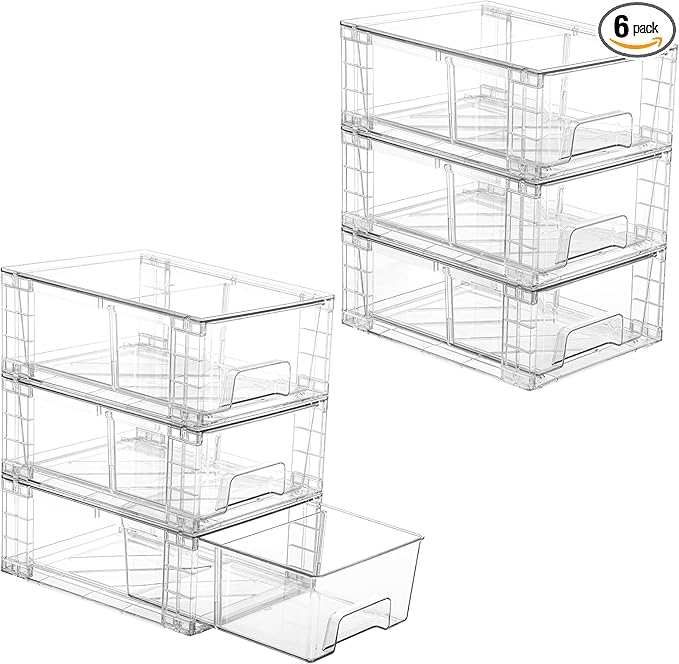 Vtopmart 6 Pack Stackable Storage Drawers,Clear Acrylic Drawer Organizers with Handles, Easily Assemble Containers for Fridge, Bathroom,Kitchen Undersink,Cabinet,Pantry Organization and Storage by Vtopmart
