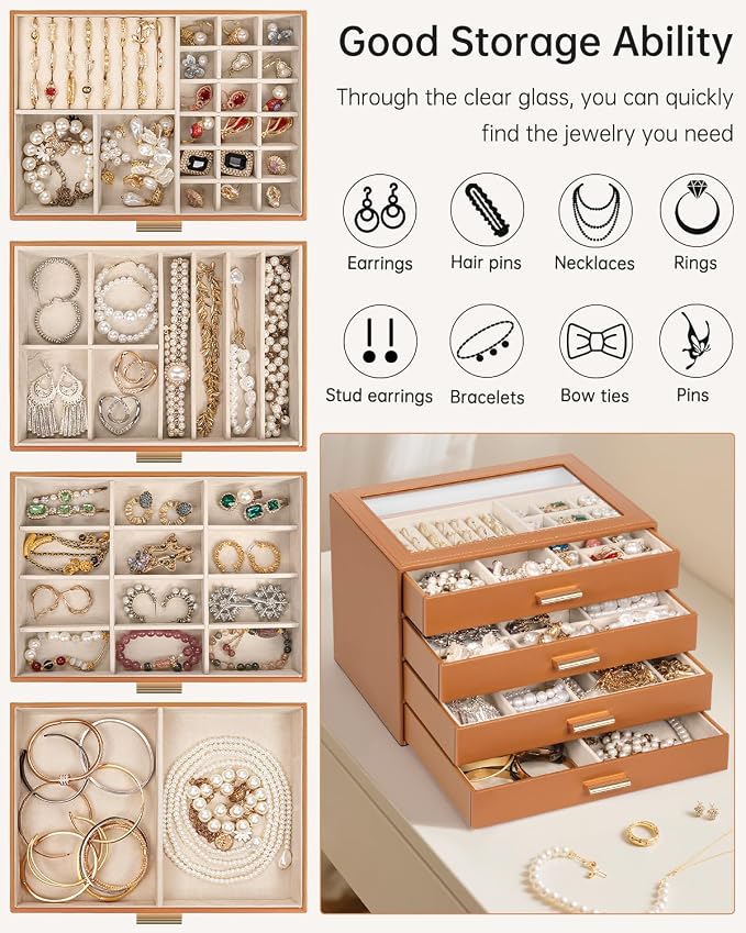 AKOZLIN Jewelry Box with Clear Lid Functional Leather Jewelry Storage Organizer Case 4 Drawers for Women Girls Necklace Ring Bracelet Earring Orange - Image 3