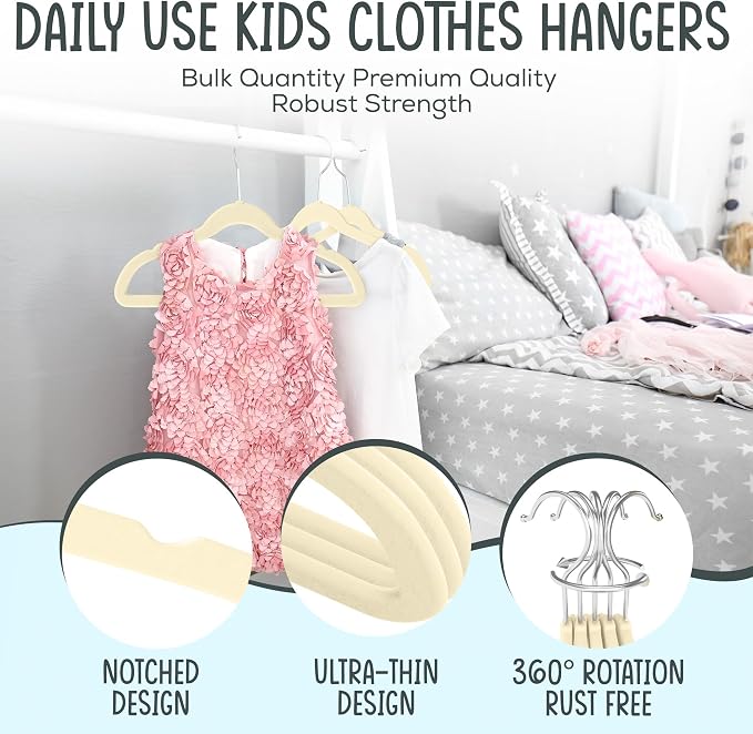 TechZoo 25 Premium Kids Velvet Hangers - 14" Non-Slip Clothes Hangers for Kids & Preteens - Ultra Slim, Space-Saving, Strong & Durable Hangers with 360° Swivel Hook - Beige - Image 3