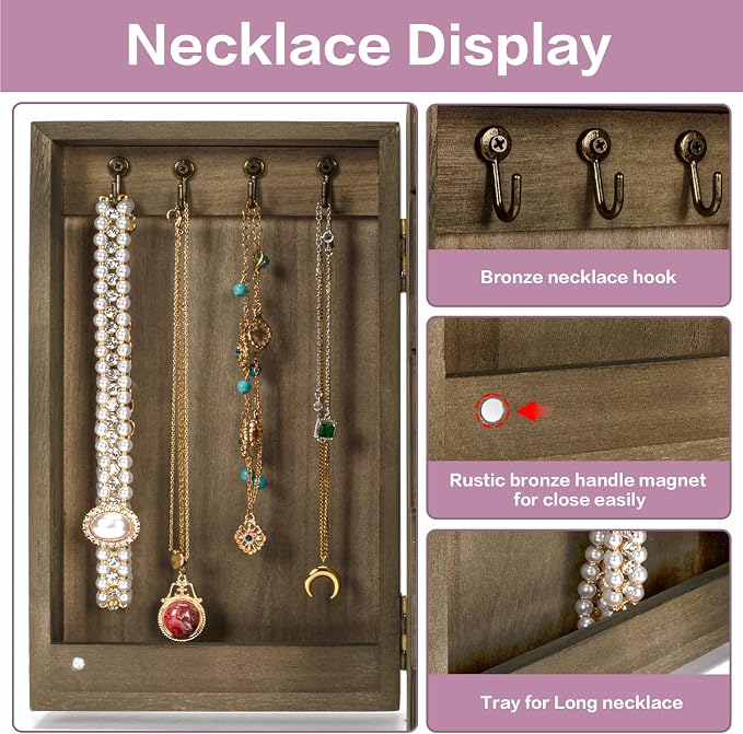 Meangood Jewelry Box Wood for Women, 5-Layer Large Organizer Box with Mirror & 4 Drawers for Rings, Earrings, Necklaces, Vintage Style, Weathered Grey - Image 5