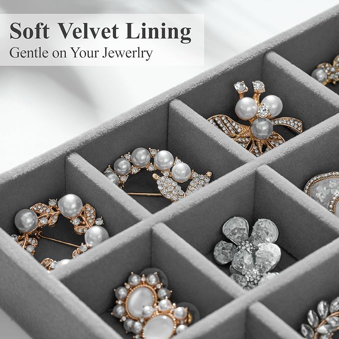 Velvet Jewelry Drawer Organizer Trays – Large Grey Stackable Jewelry Storage Inserts Set, 4-Layer Jewelry Tray Set for Earrings, Rings, Necklaces, Bracelets with Removable Dividers for Dresser, Vanity - Image 3