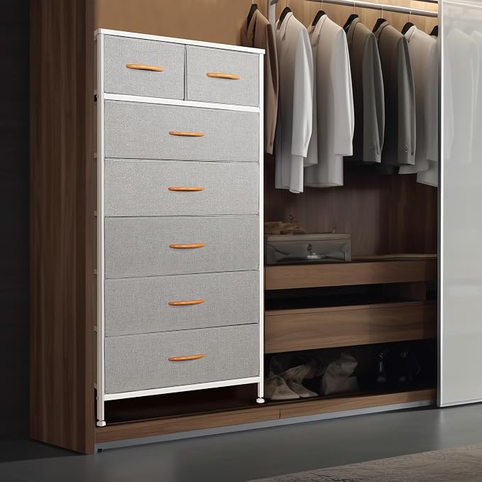Mifuro Tall Dresser for Bedroom, Vertical Storage Organizer Tower with 7 Drawers, Chest of Drawers with Fabric Bins, Steel Frame, Wood Top for Bedroom, Closet, Entryway- Light Grey - Image 4