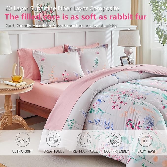 AIKASY 7-Piece Comforter Set Bed in a Bag, Queen Size, Floral Watercolor Pattern - Bedding Set with Comforter, Pillow Shams, Fitted Sheet, and Pillowcases - Soft and Cozy All-Season (Pink Floral)