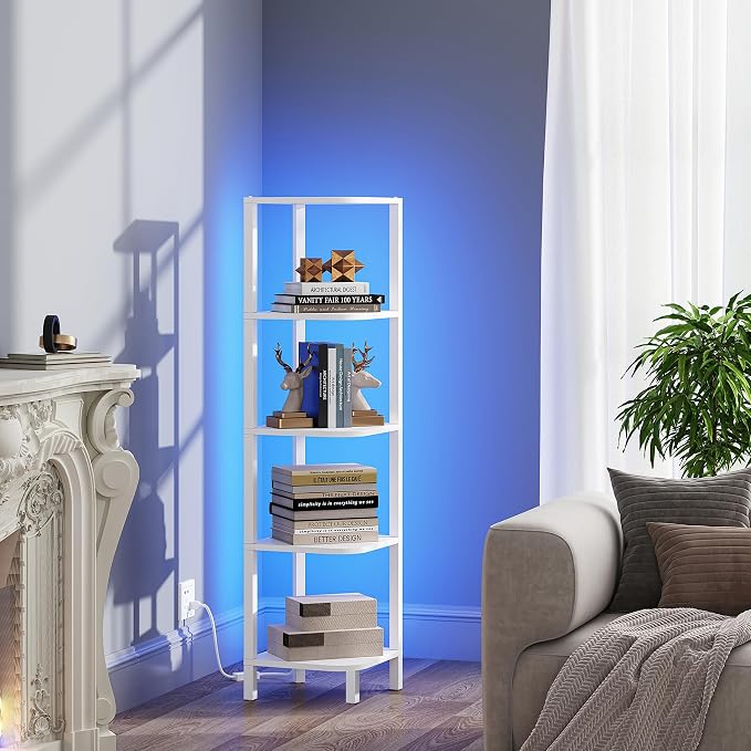 TUTOTAK Corner Shelf with LED Light, 5-Tier Corner Bookshelf for Small Space, Narrow Display Corner Shelf Stand with Storage Rack, for Living Room, Bedroom, White BS08BW005L - Image 8