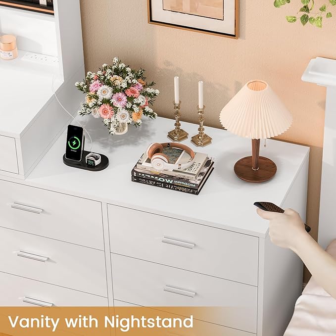 FIONESO Vanity Desk with LED Light Mirror & Power Outlet, 8 Drawers, 6 Storage Shelves, 3 Color Modes & Adjustable Brightness Makeup Vanity, Corner Vanity, L Shape Vanity, 39.4”-64.9" Desk, White