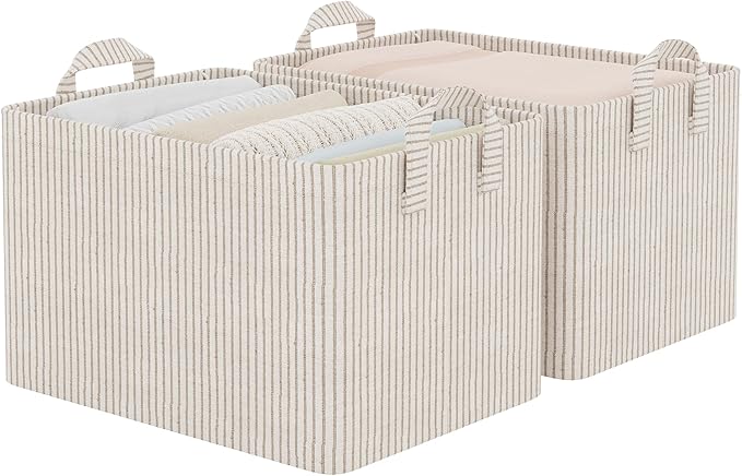 StorageWorks Storage Bins, Fabric Storage Bins for Shelves, Large Storage Baskets with Metal Frame, Closet Baskets and Bins with Handles, Khaki and Beige Stripes, 2-Pack by StorageWorks
