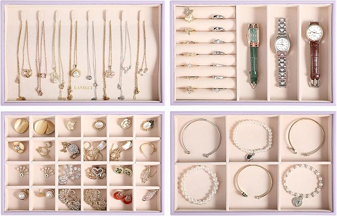 LANDICI Stackable Jewelry Organizer Trays 4 Set,PU Leather Jewelry Organizer Drawer,Jewelry Storage Display Tray for Earring Necklace Rings Bracelet with Removable Dividers,Lavender - Image 2