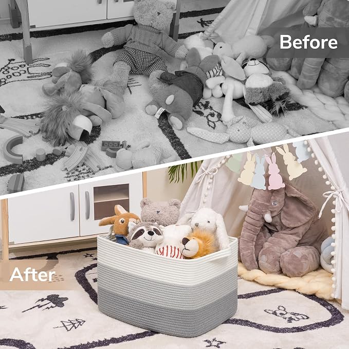 Goodpick Large Woven Basket, Rectangle Rope Storage Baskets for Organizing, Blanket Basket with Handles for Living Room, Nursery, Gradient Gray, 18 x 14 x 12 Inches - Image 7