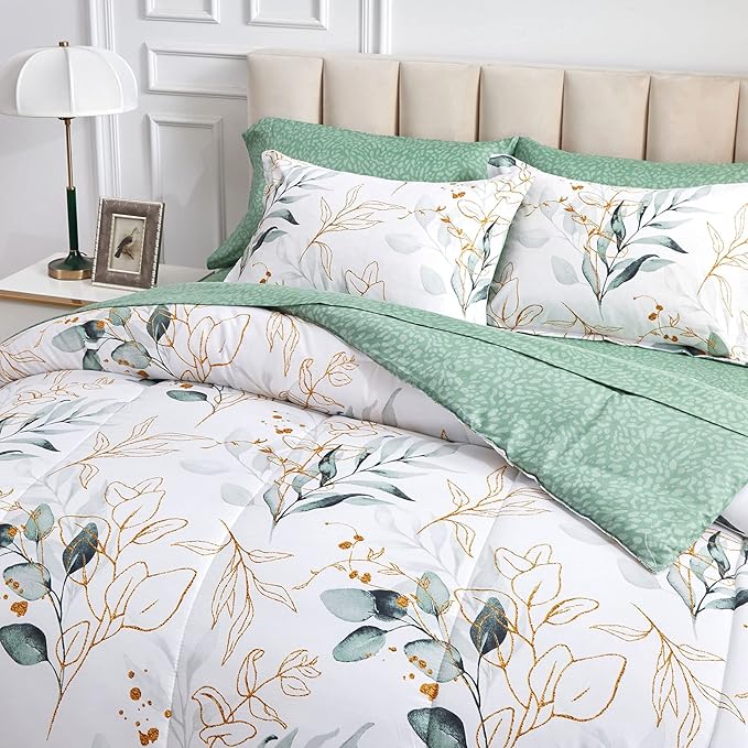 Joyreap 7 Piece Bed in a Bag California King, Green Leaves Print on White Botanical Design, Microfiber Floral Bedding Comforter Set for All Season