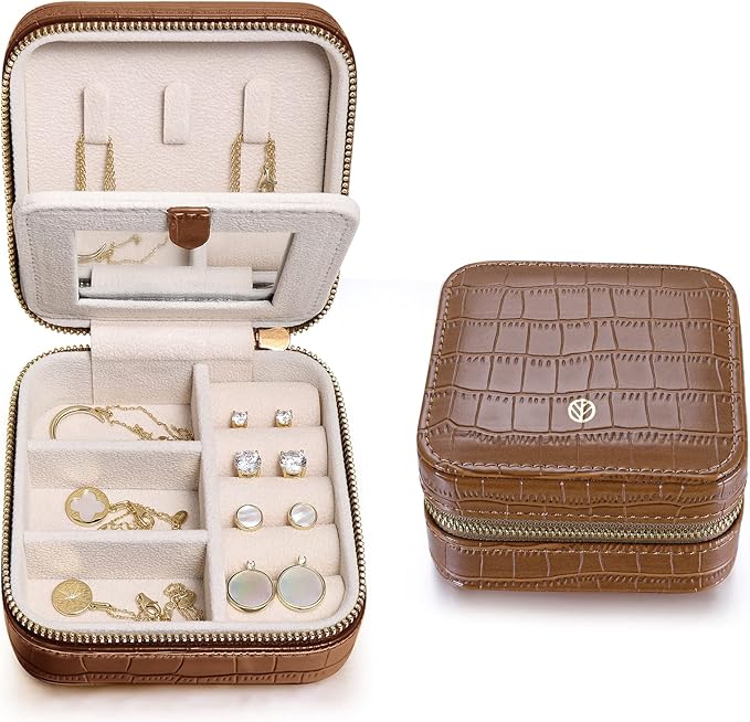 S.Leaf Travel Jewelry Organizer Boxes for Women Small Portable Necklace Earrings Bracelet Rings Travel Case Best Friend Birthday Gifts for Women Trendy (12_Pattern_Crocodile_Brown_01) by SLeaf