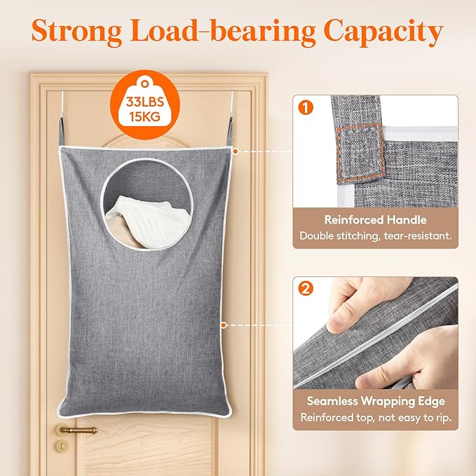 Lifewit 1 Pack Over Door Laundry Hamper, Large Collapsible Hanging Laundry Hamper, Hanging Laundry Basket Bag for Bathroom Bedroom Dirty Clothes Storage Organizer, Light Gray - Image 3