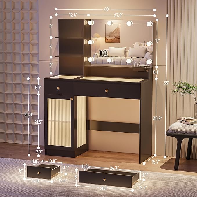INNOD 40" Vanity Desk with Large Mirror and Lights, Modern Glass Top Makeup Vanity Set with Power Outlet, Drawers and Cabinet, 3 Lighting Color Adjustable Dressing Table for Bedroom, Black