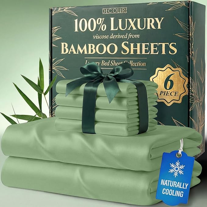 DECOLURE 100% Viscose Derived from Bamboo Sheets Queen Size - Luxury 6 Pc Naturally Cooling Sheets, Ultra Soft Bed Set - Deep 17" Pockets, Durable Double Stitching, Oeko Tex Standard (Sage Green)