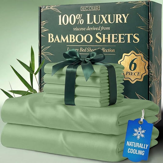 DECOLURE 100% Viscose Derived from Bamboo Sheets California King Size - Luxury 6 Pc Naturally Cooling Sheets, Ultra Soft Bed Set - Deep 17" Pockets, Double Stitching, Oeko Tex Standard (Sage Green)