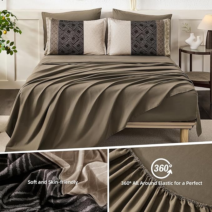 Dinjoy Boho Queen Comforter Set Light Brown,7 Piece Bed in a Bag Queen Size Warm Striped Bedding Sets with Plaid Fall Comforters Bed Set with Sheets for Family All Season