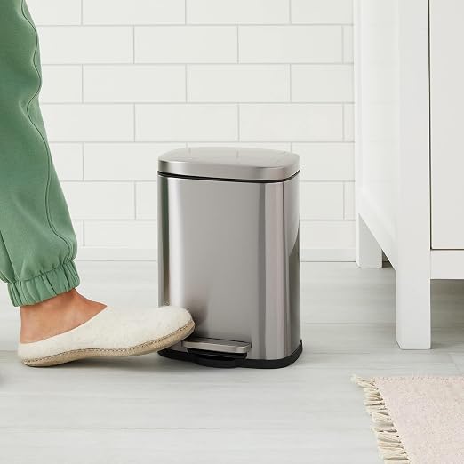 Amazon Basics Smudge Resistant Mini Rectangular Trash Can with Soft-Close Lid, Foot Pedal, Removable Inner Bucket, 5L/1.32 Gal, Brushed Stainless Steel, for Bathroom & Small Space, Satin Nickel Finish - Image 2