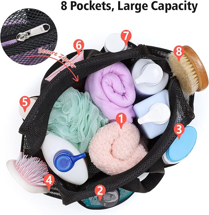F-color Mesh Shower Caddy Portable with Zipper - Upgrade Deeper 7 Pockets Dorm Room Essentials for Guys Girls with S Hook, Shower Bag Basket Tote for College Camping Toiletry Bathroom, Black - Image 5