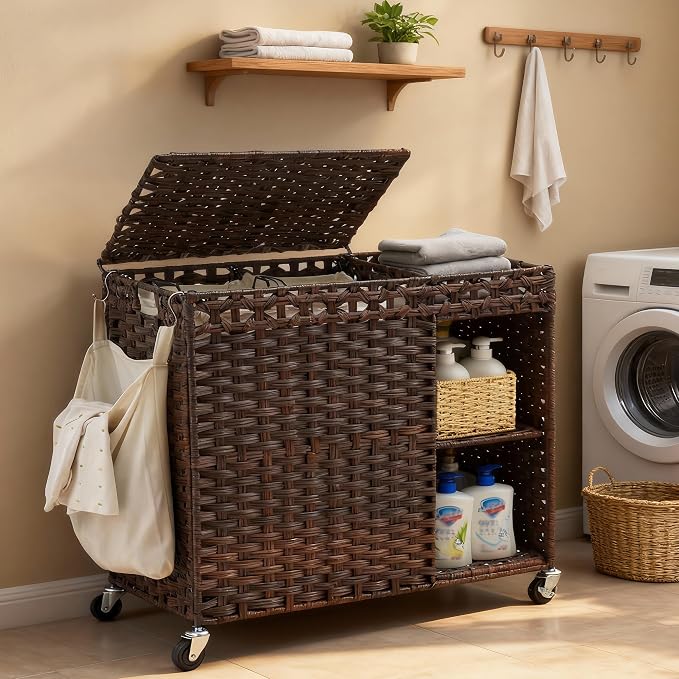 Laundry Hamper with Lid, 160L Rattan Wicker Laundry Basket with Wheels, Handwoven Laundry Hamper 2-Section with Storage shelf(42.3 Gal), Laundry Sorter Basket with Removable Liner, Brown HLH032BR by HEYBLY