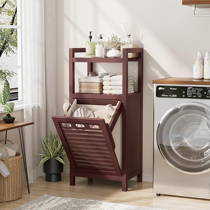 Homykic Tilt Out Laundry Hamper Cabinet, 10 Gal Bamboo Laundry Cabinet with Removable Basket, Hidden Hamper Organizer with Shelf for Dirty Clothes, Bathroom, Laundry Room, Space Saving, Espresso - Image 4