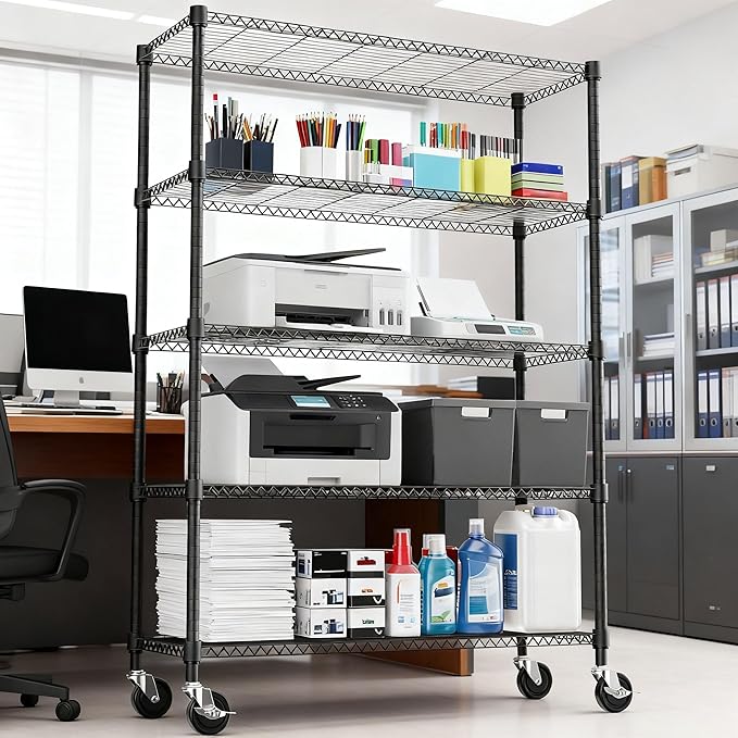 M MZG 1750LBS 47.2" W 5 Tiers Storage Shelves Metal Shelving Unit with Wheels Heavy Duty Garage Shelving Adjustable Wire Shelves for Pantry,Kitchen,Garage,Basement,Black 17.7" D x 47.2" W x 76.8" H - Image 2
