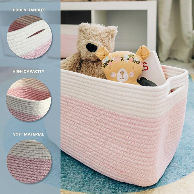OrganiHaus Cotton Rope Basket for Shelf - Woven Storage Basket for Organizing, Closet & Toy Storage - Pink/Off-White - 15x9x10 - Image 3