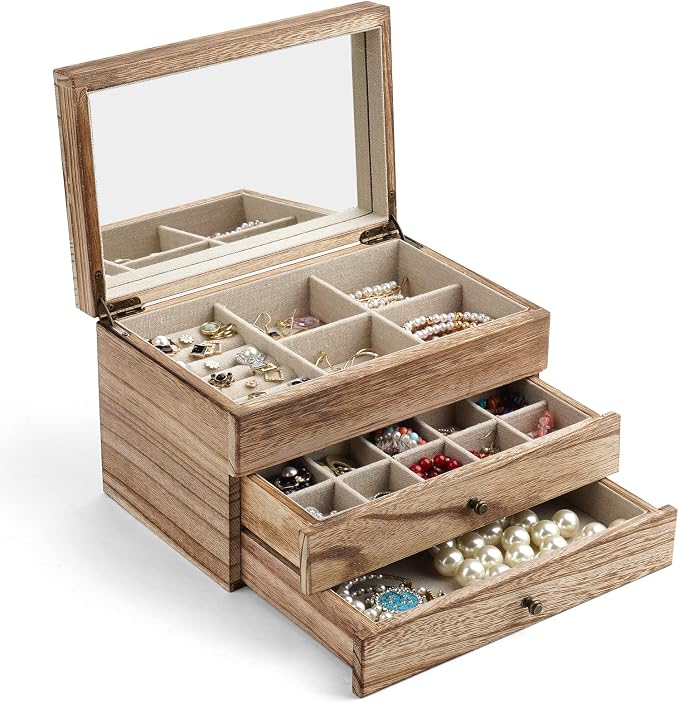 Meangood Jewelry Box Organizer for Women, 3 Layer Large Jewelry Storage Case, Rustic Wooden Jewelry Box with Mirror & Ring Tray for Necklace Earring Bracelets Rings, Vintage Style (Carbonized Black) by Meangood