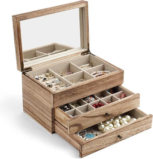 Meangood Jewelry Box Organizer for Women, 3 Layer Large Jewelry Storage Case, Rustic Wooden Jewelry Box with Mirror & Ring Tray for Necklace Earring Bracelets Rings, Vintage Style (Carbonized Black) by Meangood