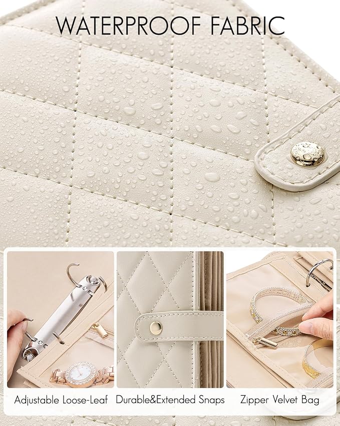 VLANDO Travel Jewelry Organizer Case,Large Jewelry Storage Book Ring Binder with Clear Zipper Velvet Jewelry Pouches Bags for Rings,Bracelet,Earrings-Cream White - Image 5