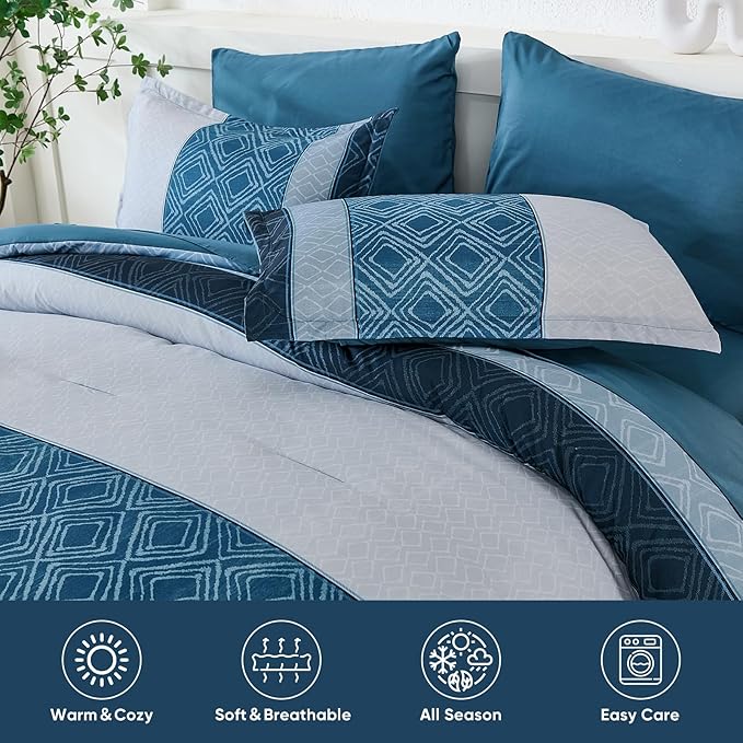 Dinjoy Navy Blue King Size Comforter Set,Striped Bed in a Bag King 7 Pieces Soft Microfiber Fall Bedding Comforters Sets with Sheet Boho Bed Complete Set for Men All Season