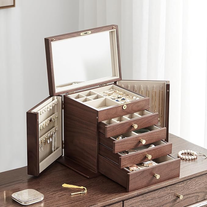 CHOSIN Black Walnut Wooden Jewelry Box for Women with Mirror, 5 Drawers and 2 Side Doors for Watches, Necklaces, Rings, Earrings Storage, Mothers Day Gifts for Mom - Image 2