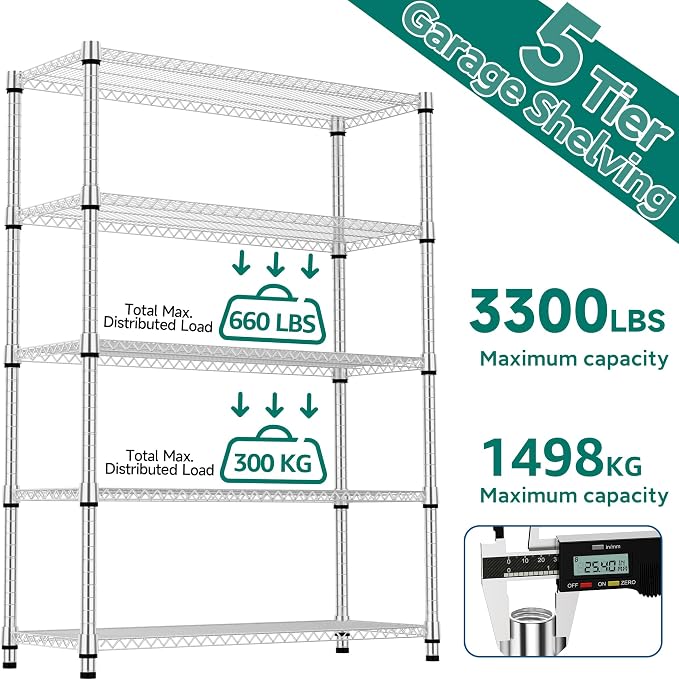 M MZG 5 Tiers Shelf Metal Storage Shelves 3300 lbs Steel Storage Shelving Utility Shelving Unit Steel Organizer Wire Rack for Home,Kitchen,Office,Garage Chrome 17.7" D x 47.2" W x 70.3" H - Image 8