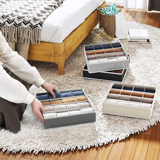 Joyoldelf Sock Drawer Organizer Divider Underwear Organizer 16-cell Fabric Dresser Drawer Organizers Storage Boxes for Socks Lingerie, Handkerchiefs, Ties 4 Pack (Grey) - Image 4