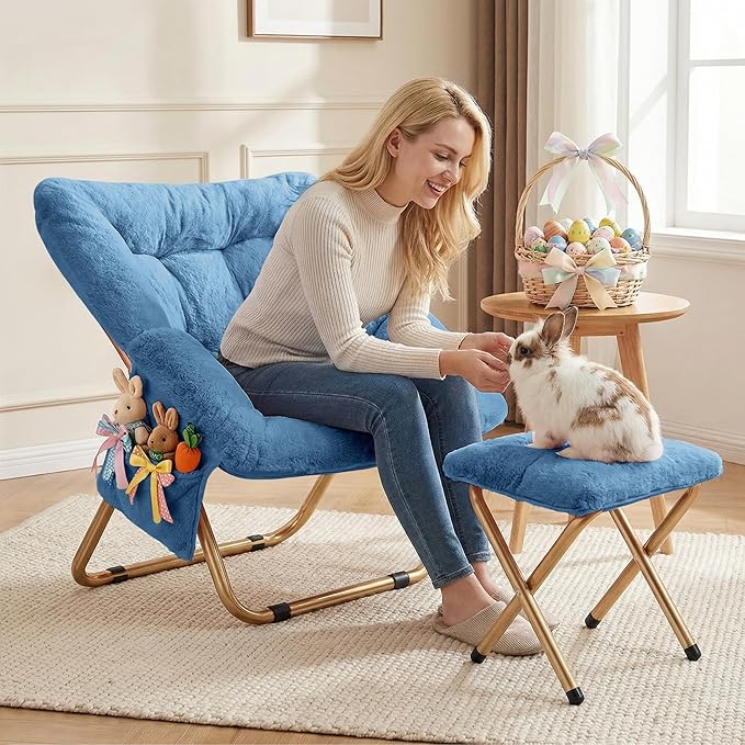 Kasunpul Comfy Saucer Chair, Foldable Living Room Chairs, Soft Faux Fur Lounge Chair for Bedroom, Reading Chairs for Adults, Teens, X-Large (Blue)