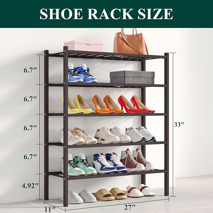 Smiry Shoe Rack, 5 Tier Bamboo Shoe Organizer, Stackable Free Standing Wooden Shoe Storage Shelf for Closet, Entryway, Front Door Entrance, Brown - Image 2