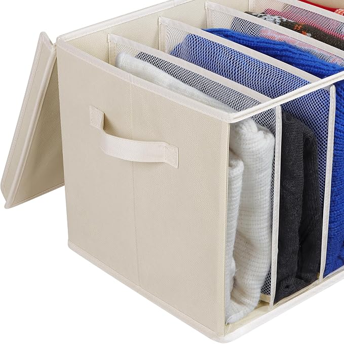 Zilink Upgraded Clothes Organizers with Lids and Support Boards Large Sweater Organizer for Closet Shelf with 5 Grids Divider Wardrobe Organizer for Sweaters, Jeans, Pants, Beige, 3 Pack - Image 3
