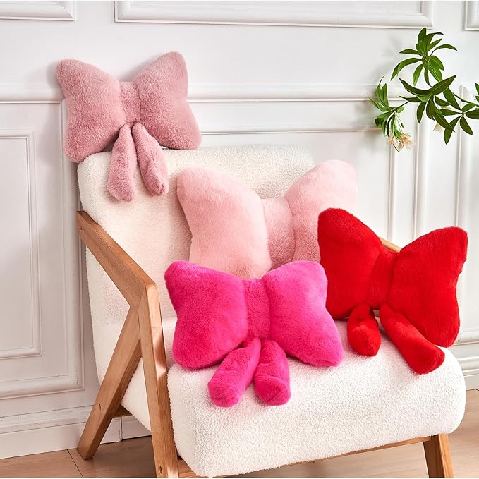 XVTRU Dusty Pink Bow Pillow, Soft Bow Decorative Pillows with Faux Rabbit Fur, Cute 16" Bow Throw Pillows, Aesthetic Home Decor Bow Shaped Plush Pillow for Bedroom Sofa Couch