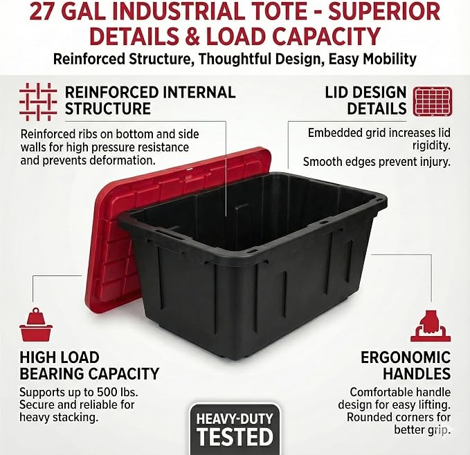 27 Gal Industrial Tote,4 Pack Plastic Storage Bins with Lids Tough Large Storage Bin,Black with Red Lid Plastic Storage,Stackable & Nestable for Garage, Basement, or Outdoor (4 Pack) - Image 3