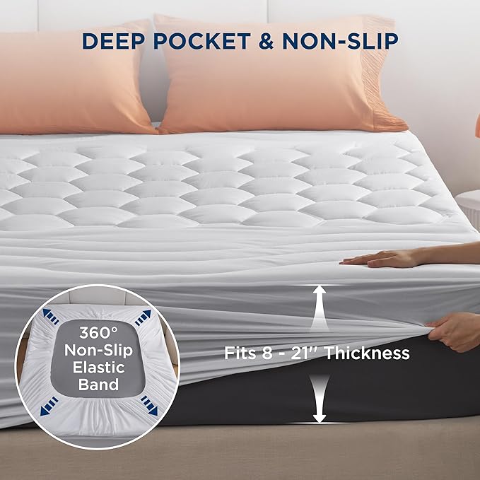 Bedsure King Mattress Pad - Quilted Fitted Mattress Topper Protector with 8-21 Inches Deep Pocket, Noiseless Breathable Bed Cover Padded, Machine Washable, White, 78x80 Inches