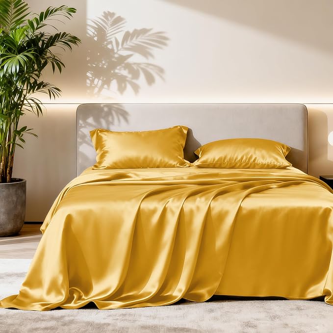 Love's cabin Twin Satin Sheets Sets - 3 Piece Gold Silky Bed Sheets with Deep Pockets, Luxury Silk Feel Satin Twin Size Sheet Set Bedding Set (1 Flat Sheet,1 Fitted Sheet,1 Pillow case)
