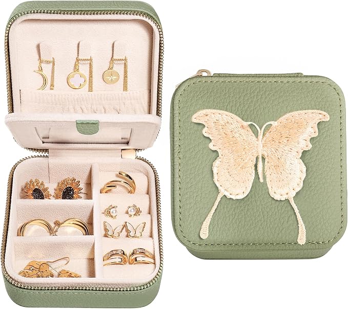 S.Leaf Travel Jewelry Organizer Boxes for Women Small Portable Necklace Earrings Bracelet Rings Travel Case Best Friend Birthday Gifts for Women Trendy (Butterfly_Fadegreen_Gold) by SLeaf