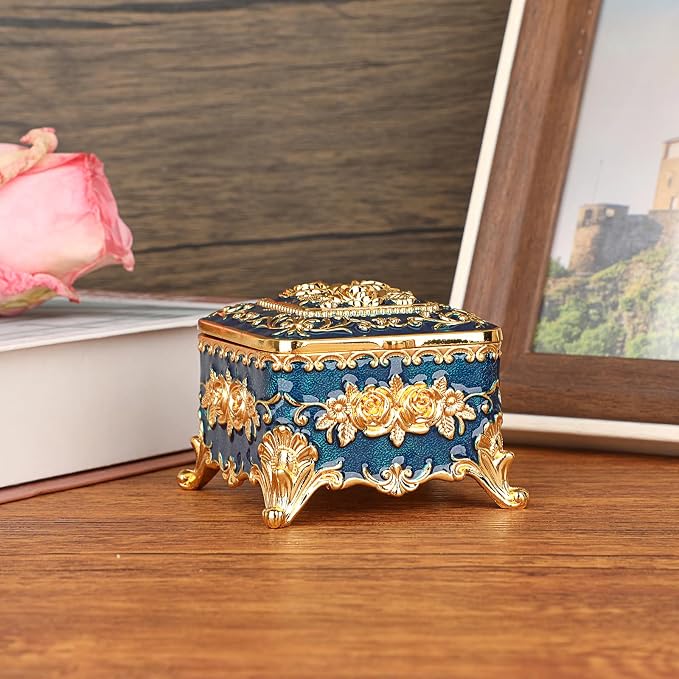 Hipiwe Vintage Metal Jewelry Box - Small Trinket Organizer Ring Box Case with Rose Pattern, Jewelry Storage Box for Ring Earrings Necklace, Keepsake Box for Women, 3"x3"x2.4" - Image 6