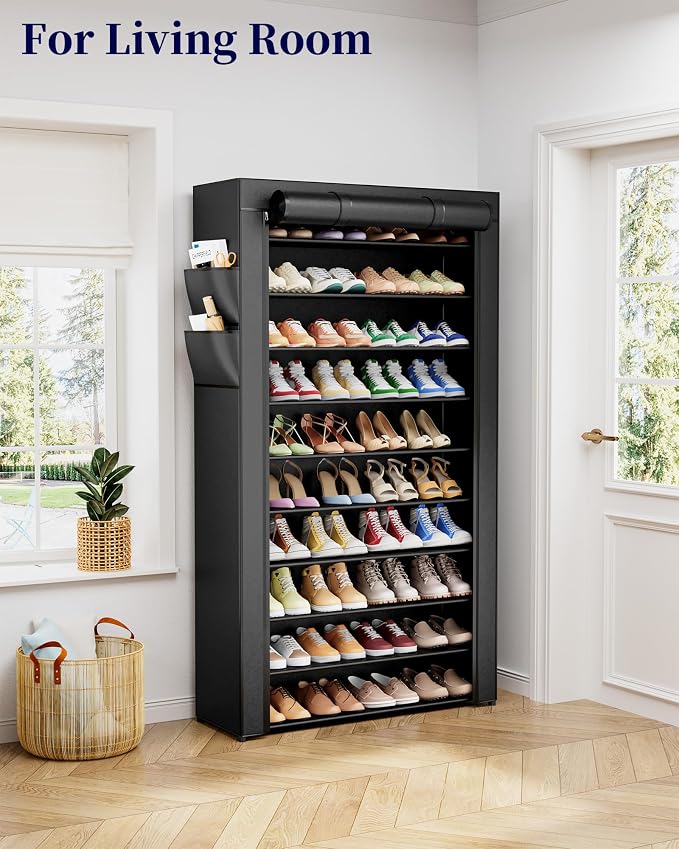 Kitsure Shoe Rack - 10-Tier Shoe Organizer with Zippered Dust Cover & Side Pockets, Easy to Assemble, Space Saving Shoe Rack for Closet, Entryway, Living Room, 33" x 12.4" x 69.3", Black - Image 8