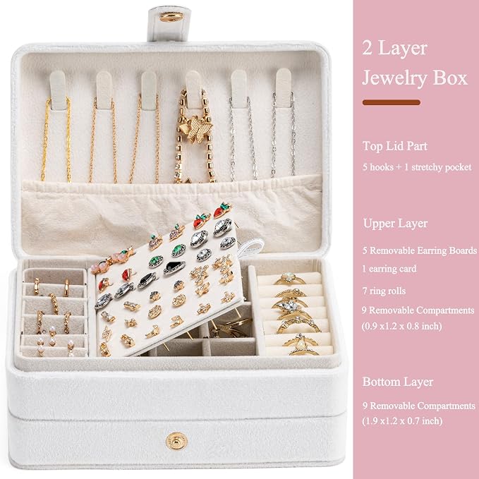 MODENGKONGJIAN Jewelry Organizer Box, 2-Layer Large Jewelry Storage Case, Portable Travel Jewelrys Display Holder for Earrings, Necklaces, Bracelets (White,Velvet) - Image 2
